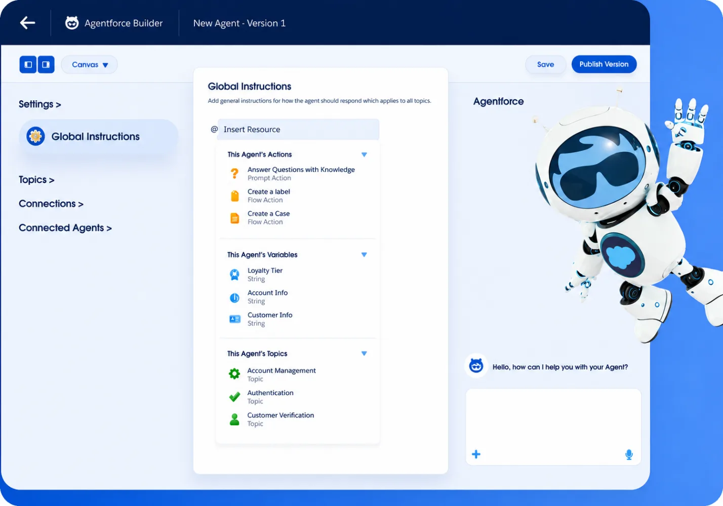 Η οθόνη global instructions στο Agentforce Builder με τα actions, τις μεταβλητές και τα topics του agent