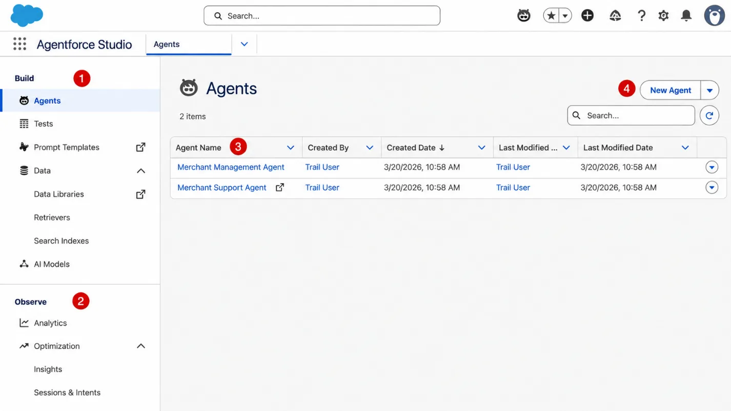 Το Agentforce Studio με τις ενότητες Build και Observe, τη λίστα agents και το κουμπί New Agent