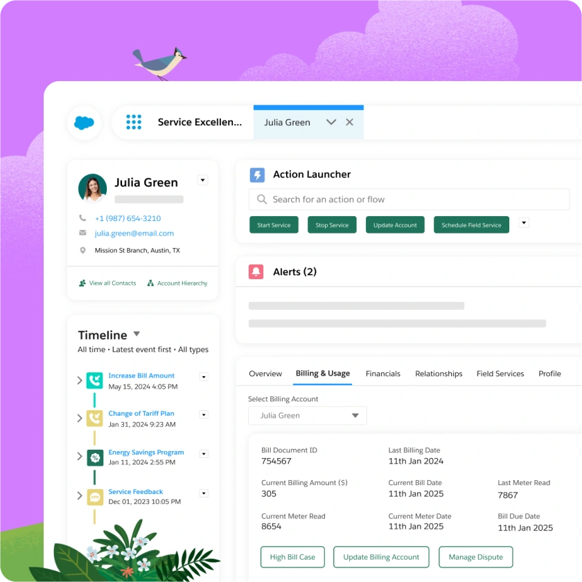 Agentforce Energy & Utilities customer portal with billing and outage alerts