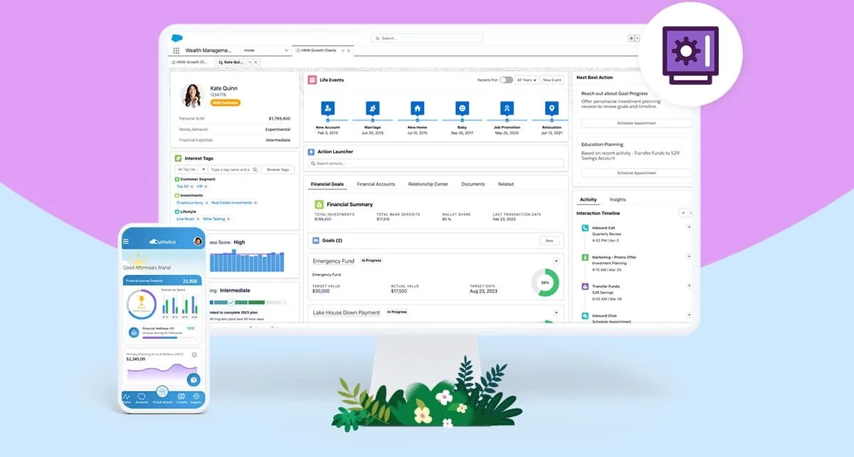 Retail banking console showing a customer's accounts and a personalised financial plan with next-best-action recommendations